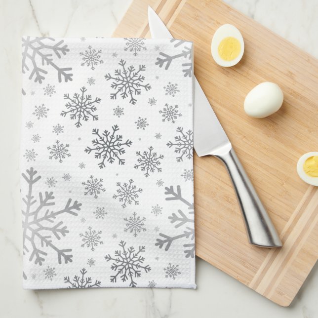 Pretty Silver Christmas Snowflakes on Winter White Kitchen Towel (Quarter Fold)