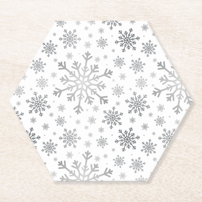 Pretty Silver Christmas Snowflakes on Winter White Paper Coaster (Front)