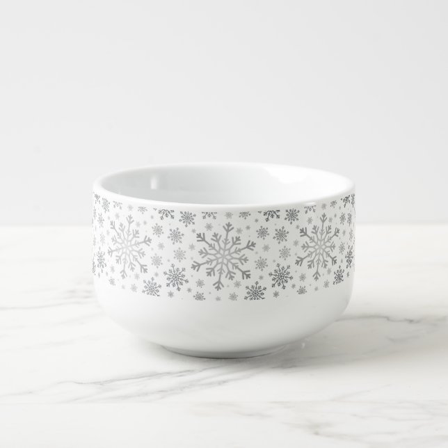 Pretty Silver Christmas Snowflakes on Winter White Soup Mug (Front)