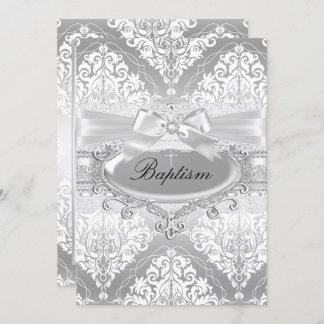Pretty Silver Damask Bow Baptism Invitation