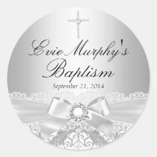 Pretty Silver Damask & Bow Baptism Sticker