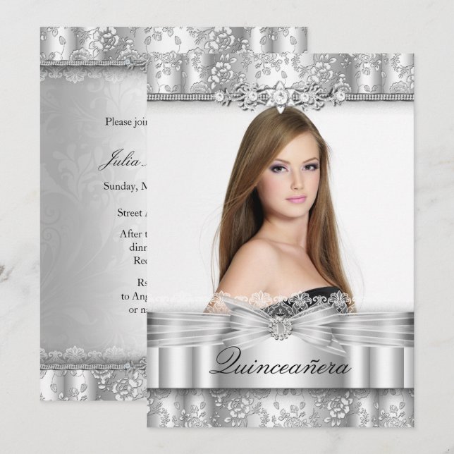 Pretty Silver Floral Photo Quinceanera Invitation (Front/Back)