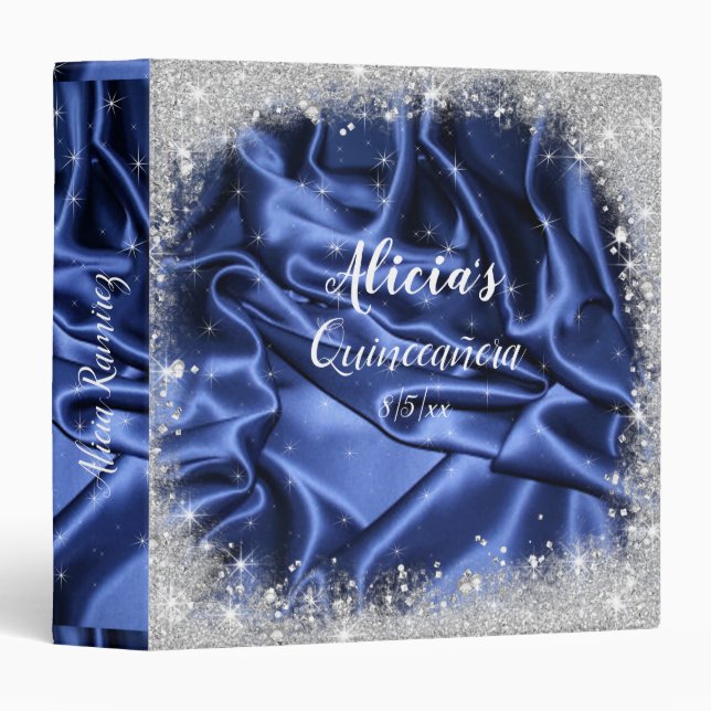 Pretty Silver Glitter and  Blue Satin Quinceanera 3 Ring Binder (Front/Spine)