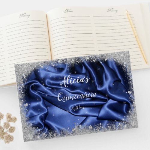 Pretty Silver Glitter and  Blue Satin Quinceanera  Guest Book