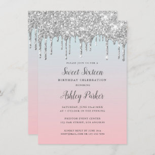 Pretty Silver Glitter Gradient Sweet 16 Birthday Invitation