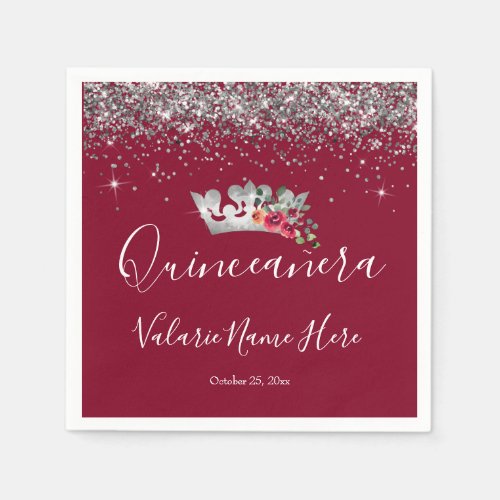 Pretty Silver Glitter Quinceanera Burgundy Napkins