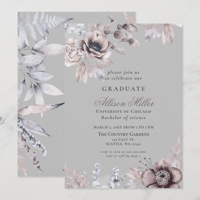 Pretty Silver Gray Mauve Floral Graduation Party Invitation (Front/Back)