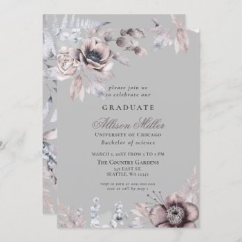 Pretty Silver Gray Mauve Floral Graduation Party Invitation by Invitationboutique at Zazzle