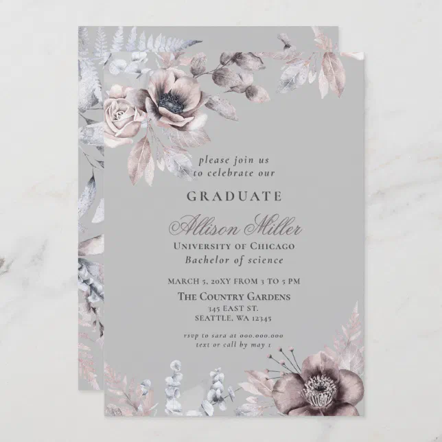 Pretty Silver Gray Mauve Floral Graduation Party Invitation | Zazzle