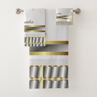 Pretty Silver Grey And Gold Script Bath Towel Set