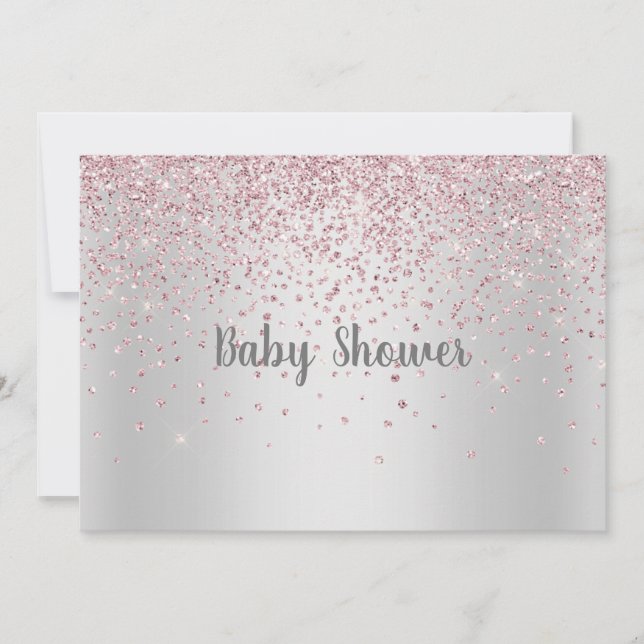 PRETTY SILVER PINK MODERN BABY SHOWER CRYSTAL INVITATION (Front)