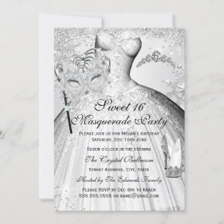 Pretty Silver Princess Masquerade Sweet 16 Invite