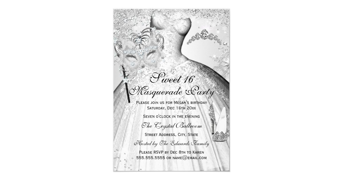 Pretty Silver Princess Masquerade Sweet 16 Invite