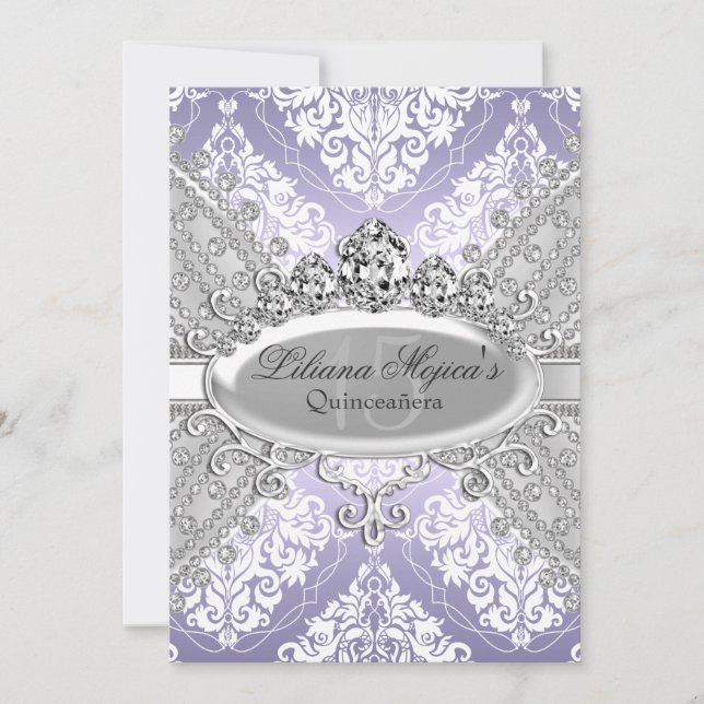 Pretty Silver Purple Damask & Tiara Quinceanera Invitation (Front)