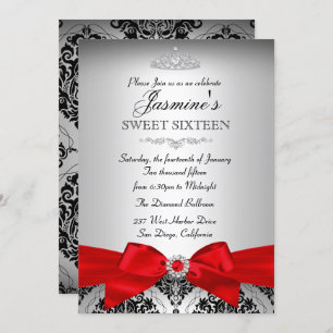 Pretty Silver Red Damask Sweet 16 Invitation