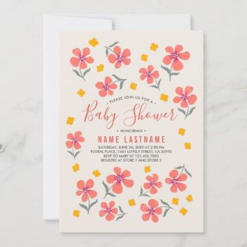 Pretty Simple Folk Red Yellow Flowers Baby Shower Invitation by pinkpinetree at Zazzle