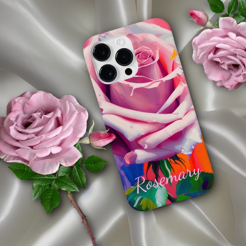 Pretty Single Pink Rose Oil Painting Monogrammed Case_Mate iPhone 14 Pro Max Case