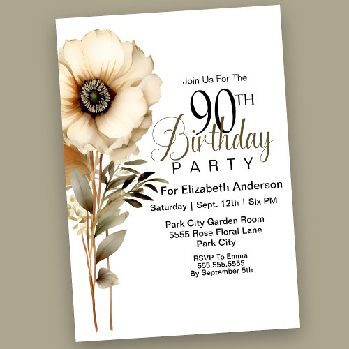 Pretty Single Stem Boho Flower 90th Birthday Invitation