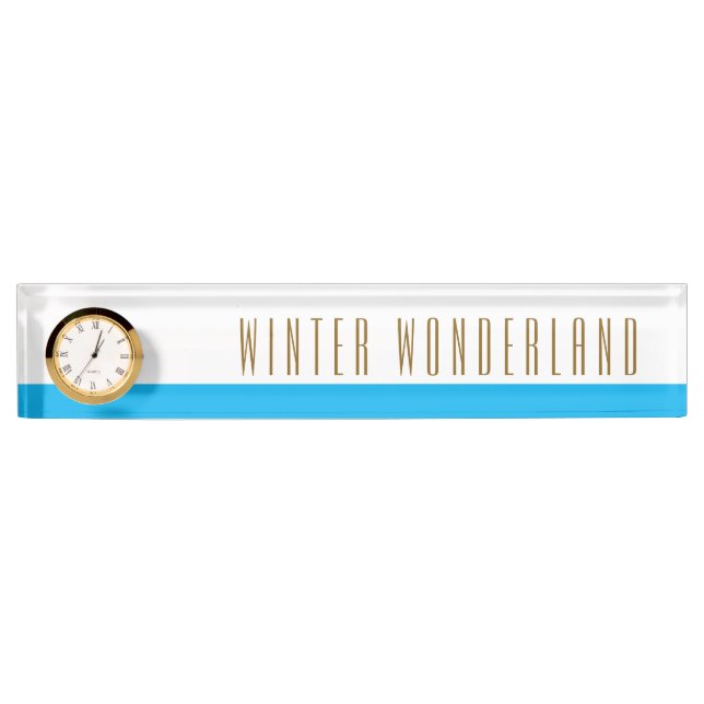 Pretty Sky Blue White WINTER WONDERLAND Clock Desk Name Plate (Front)