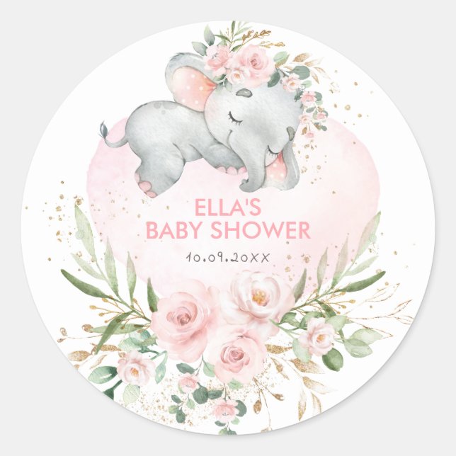 Pretty Sleeping Elephant Blush Floral Greenery Classic Round Sticker (Front)