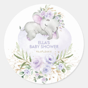 Pretty Sleeping Elephant Purple Floral Greenery Classic Round Sticker