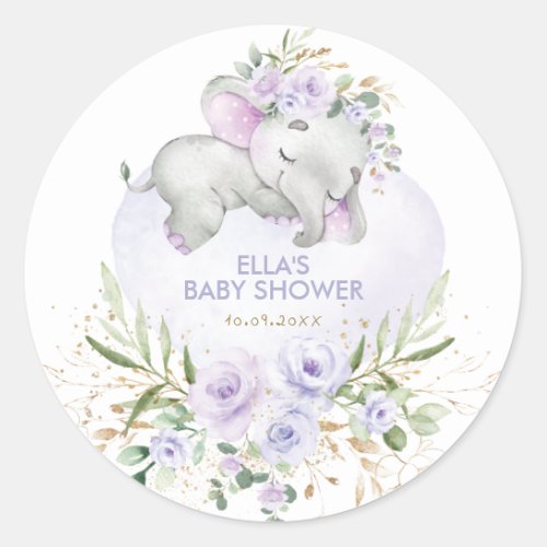 Pretty Sleeping Elephant Purple Floral Greenery Classic Round Sticker