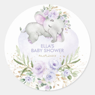 Pretty Sleeping Elephant Purple Floral Greenery Classic Round Sticker