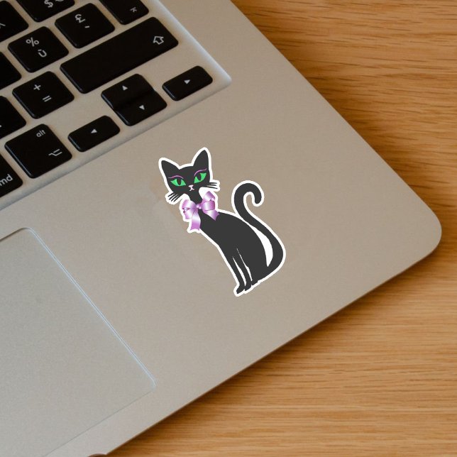 Pretty Slender Black Cat Green Eyes Pink Bow Sticker (Pretty slender black cat green eyes wearing pink bow on vinyl sticker.)