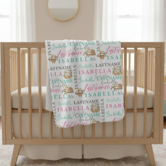 Pretty Sloth Baby Blanket With Name Girl's Nursery