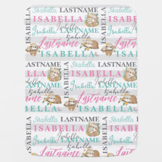 Pretty Sloth Baby Blanket With Name with Stripes