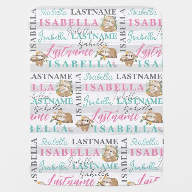 Pretty Sloth Baby Blanket With Name with Stripes (Front)