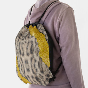 Pretty Snow Leopard Leather Animal Print & Glitter Drawstring Bag