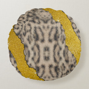 Pretty Snow Leopard Leather Animal Print & Glitter Round Pillow