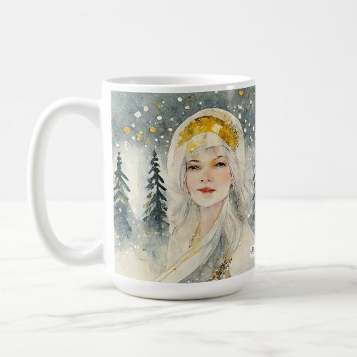 Pretty snow queen Christmas mug in a snowy forest
