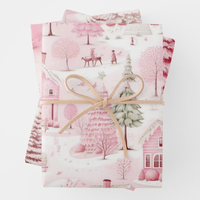 Pretty Snow Scene  Pink Christmas Town Wrapping Paper Sheets (In situ)