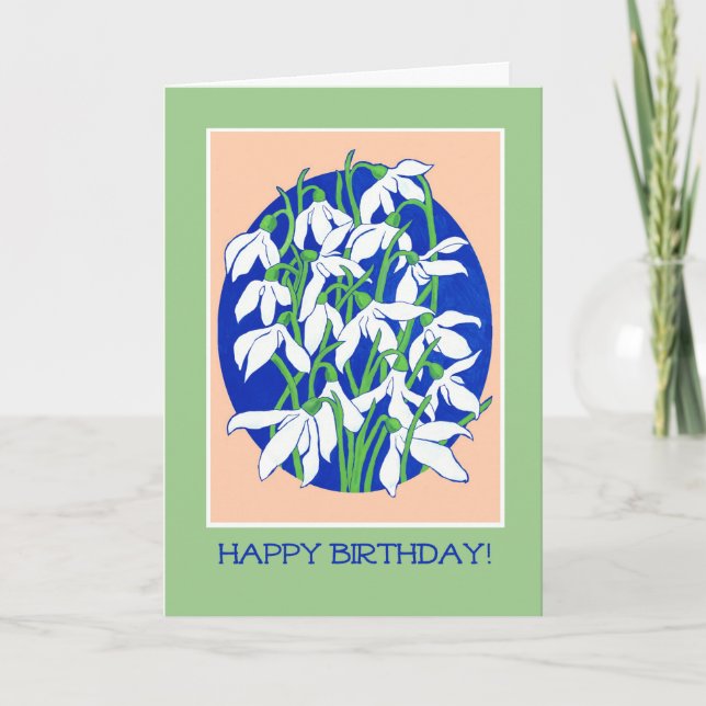 Pretty Snowdrops on Blue for a Winter Birthday Card (Front)