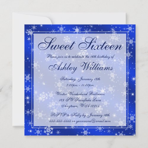Pretty Snowflakes Blue Winter Wonderland Sweet 16 Custom Invite