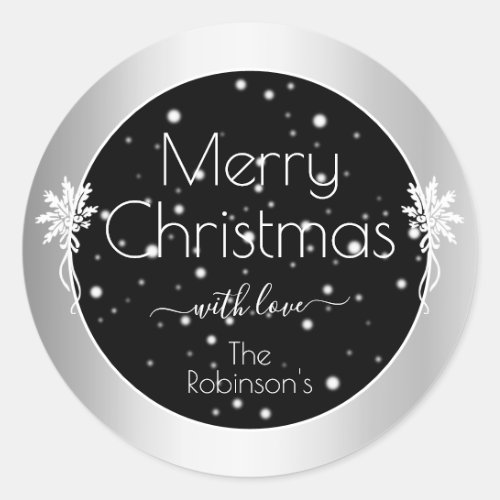 Pretty Snowflakes on Black Silver Frame Christmas Classic Round Sticker