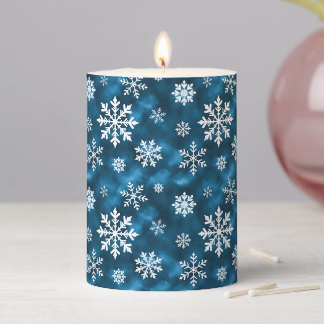 Pretty Snowflakes On Icy Blue Winter Background Pillar Candle (In Situ)