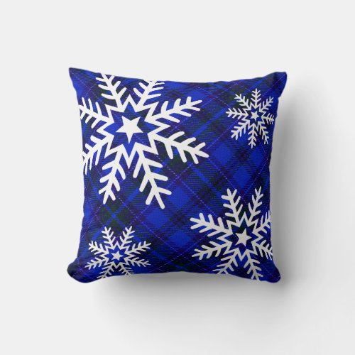 Pretty Snowflakes on Plaid  cobalt blue Throw Pillow