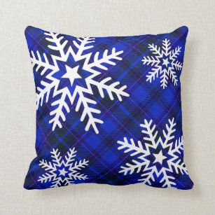 Pretty Snowflakes on Plaid   cobalt blue Throw Pillow