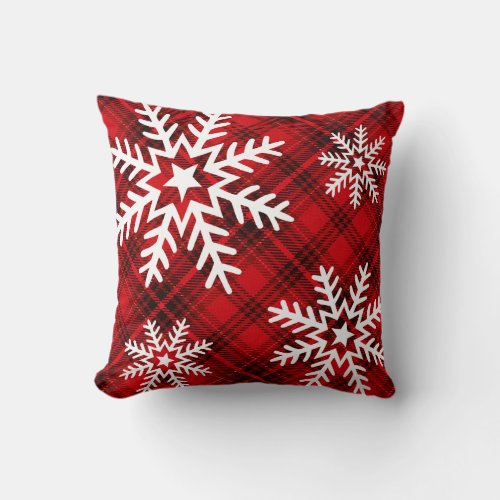 Pretty Snowflakes on Plaid  red Throw Pillow
