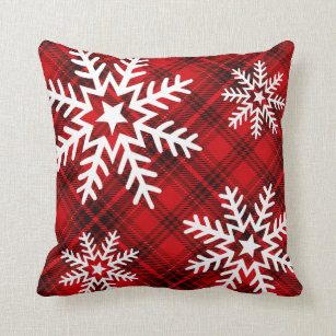 Pretty Snowflakes on Plaid   red Throw Pillow