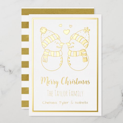 Pretty Snowmen Couple Elegant Personalized Foil Holiday Card