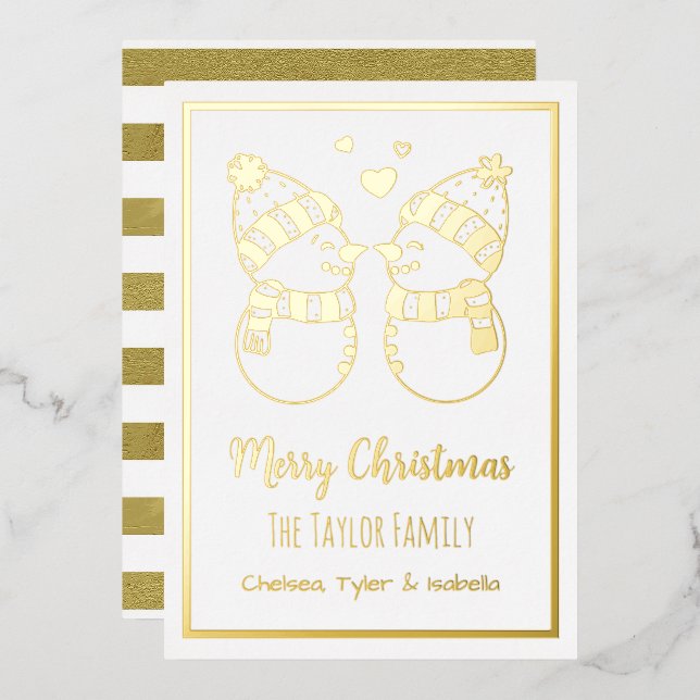 Pretty Snowmen Couple Elegant Personalized Foil Holiday Card (Front/Back)