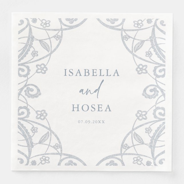 Pretty Soft Dusty Blue Silver Floral Lace Wedding Paper Dinner Napkins (Front)