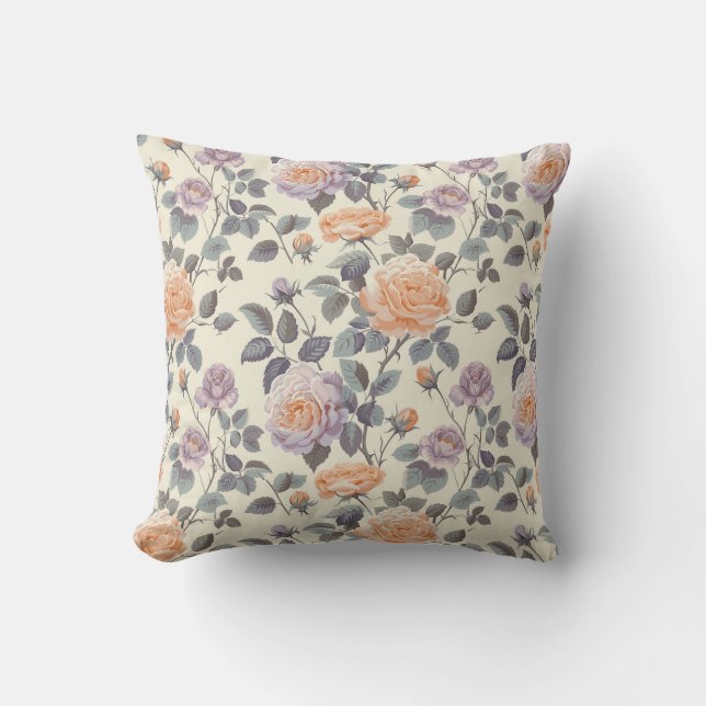 Pretty soft lilac and orange floral design throw pillow (Front)