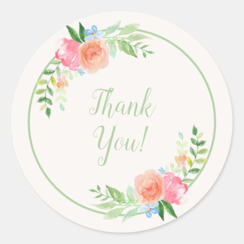 Pretty Soft Orange Pink Floral Watercolor ThankYou Classic Round Sticker