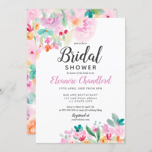 Pretty soft pastel floral watercolor bridal shower invitation