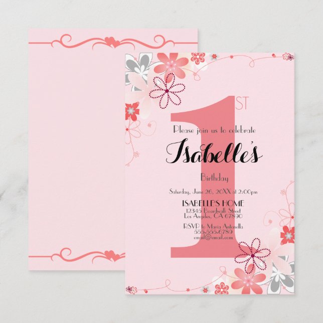 Pretty Soft Pink Floral 1st BIRTHDAY  Invitation (Front/Back)